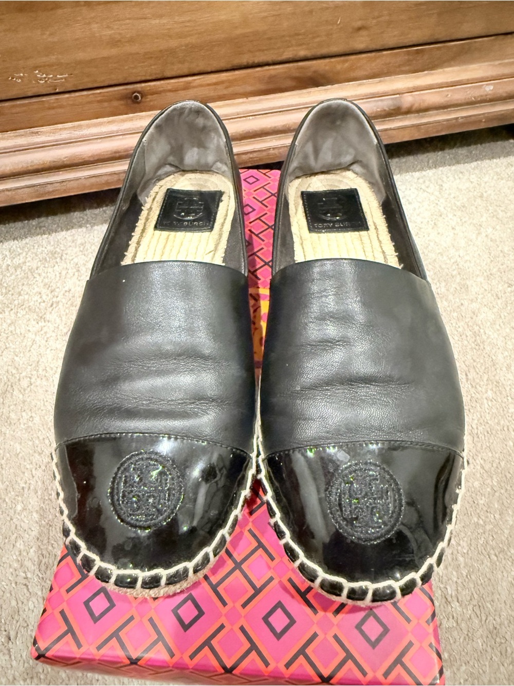 Tory Burch Black Leather & Patent Logo Espadrille Slip-On